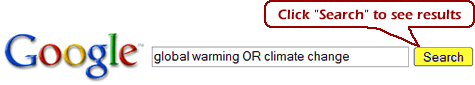 google search showing boolean operator OR: global warming OR climate change. In google, he OR has to be capitalized.