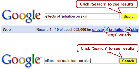 google search for effects of radiation on skin, and another using plus signs in front of the stop words of and on 