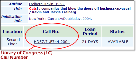screen shot of a record from the book catalog, with the call number circled