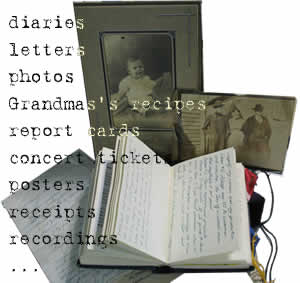 image of diary, old photos, handwritten recipe, and other original primary source material