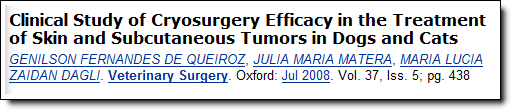 example 1 is a journal. The title of the article is Clinical Study of Cryosurgery Efficacy in the Treatment of Skin and Subcutaneous Tumors in Dogs and Cats. There are several authors with academic credentials. The journal title is Veterinary Surgery, Oxford, July 2008, Vol. 37, Issue 5, page 438.