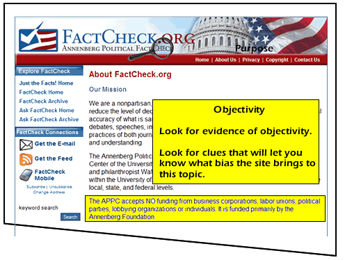 look for evidence of objectivity. Look for clues that will let you know what bias the site brings to the topic.
