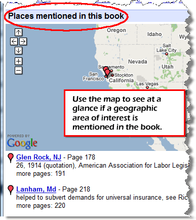 Use the map to see at a glance if a geographic place of interest is mentioned in the book. 
