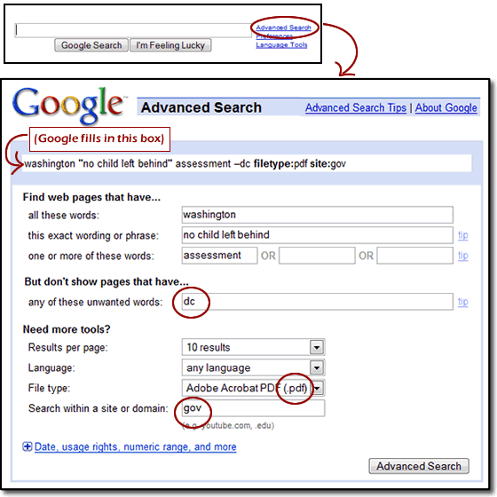 Google advanced search screen