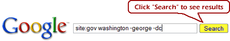 google search demonstrating to use site: to limit the domain of your search. Example shows site:gov to limit to government sites.