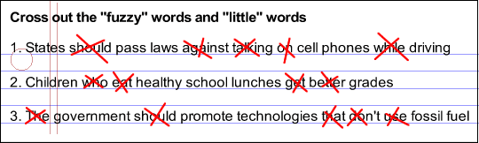 Cross out the fuzzy words and little words in the idea: should, against, talking, on, while