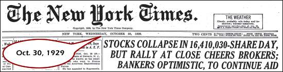 Front page of the October 29, 1929 New York Times