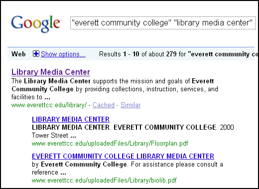 Search for "everett community college" "library media center" in google - the library's web page shows up as the first item in the list.